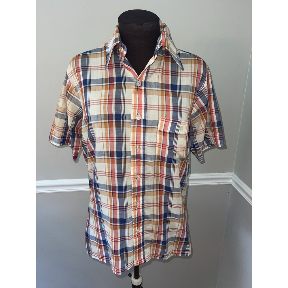 Vintage‎ Wrangler Plaid Short Sleeve Shirt USA Mens M 1970's